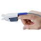 Adult finger clip pulse oximeter sensor in use on finger, reusable probe for Comen and Lutech compatible monitors