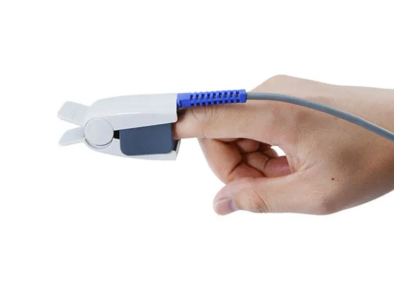 Adult finger clip pulse oximeter sensor in use on finger, reusable probe for Comen and Lutech compatible monitors