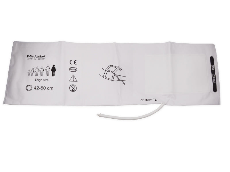 Disposable NIBP blood pressure cuff positioned on an upper arm