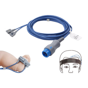 Mindray compatible SpO2 sensor with multi-site Y-wrap design for neonatal foot and adult finger, featuring a 6-pin blue connector cable